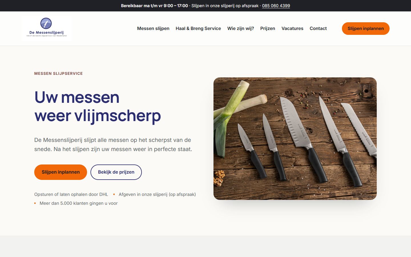 Homepage van demessenslijperij.nl op desktop