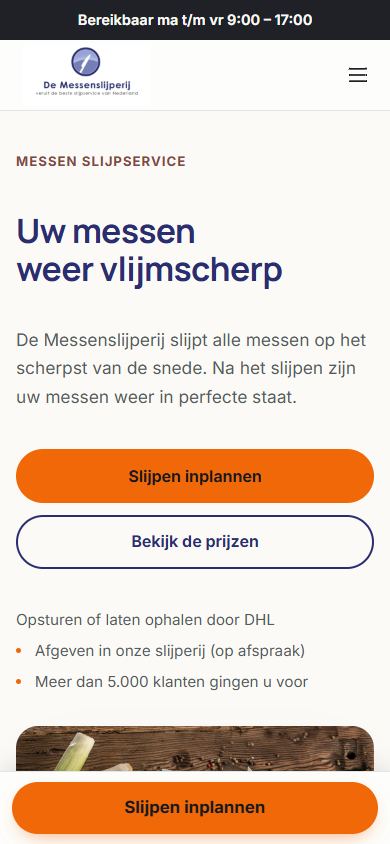 Homepage van demessenslijperij.nl op mobiel