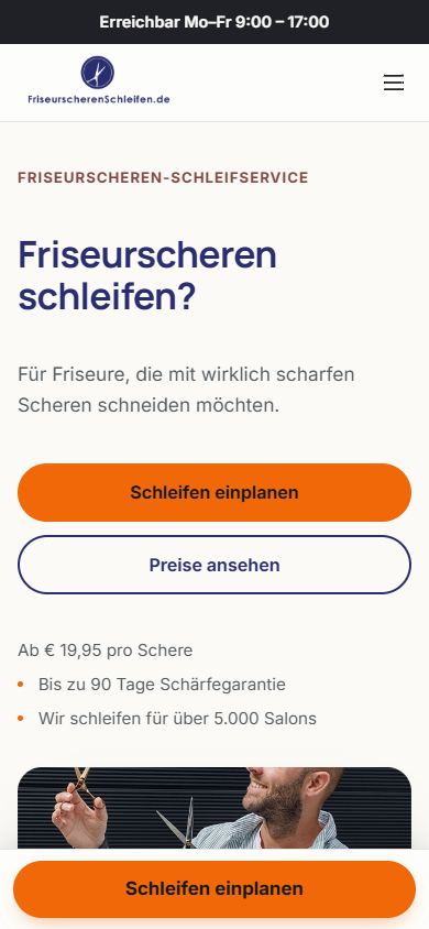 Homepage van friseurscherenschleifen.de op mobiel