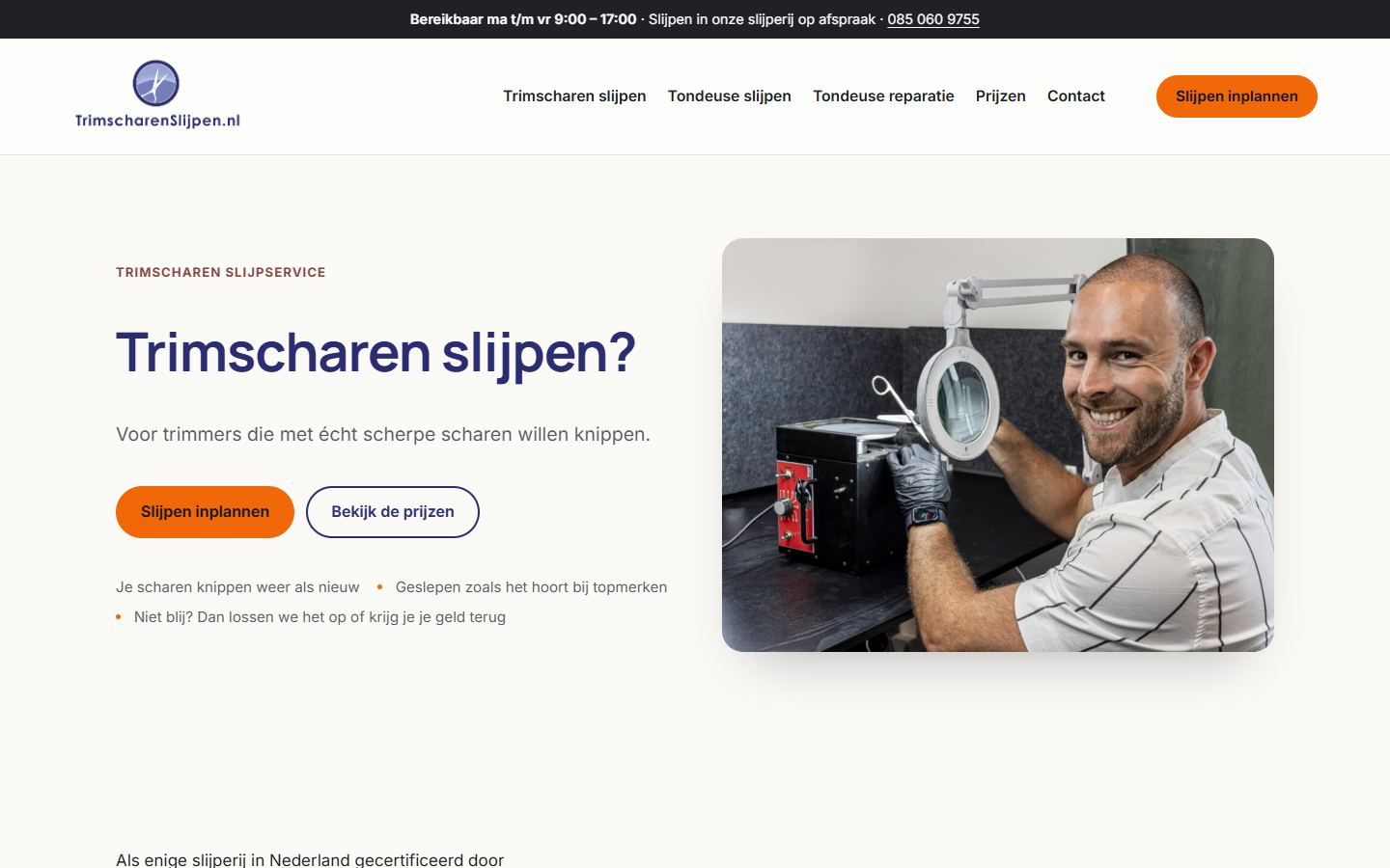 Homepage van trimscharenslijpen.nl op desktop