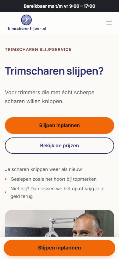 Homepage van trimscharenslijpen.nl op mobiel