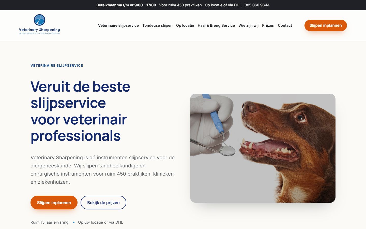 Homepage van veterinarysharpening.nl op desktop