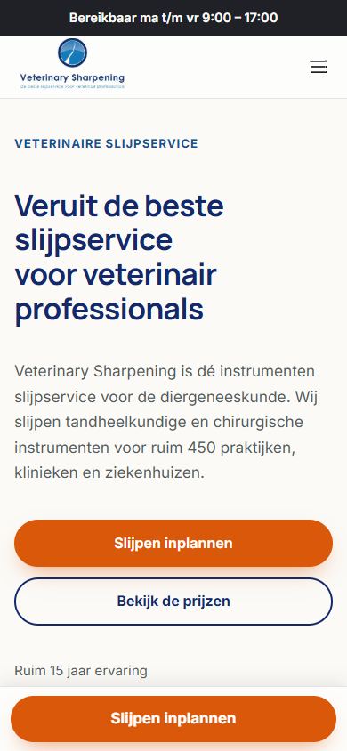 Homepage van veterinarysharpening.nl op mobiel
